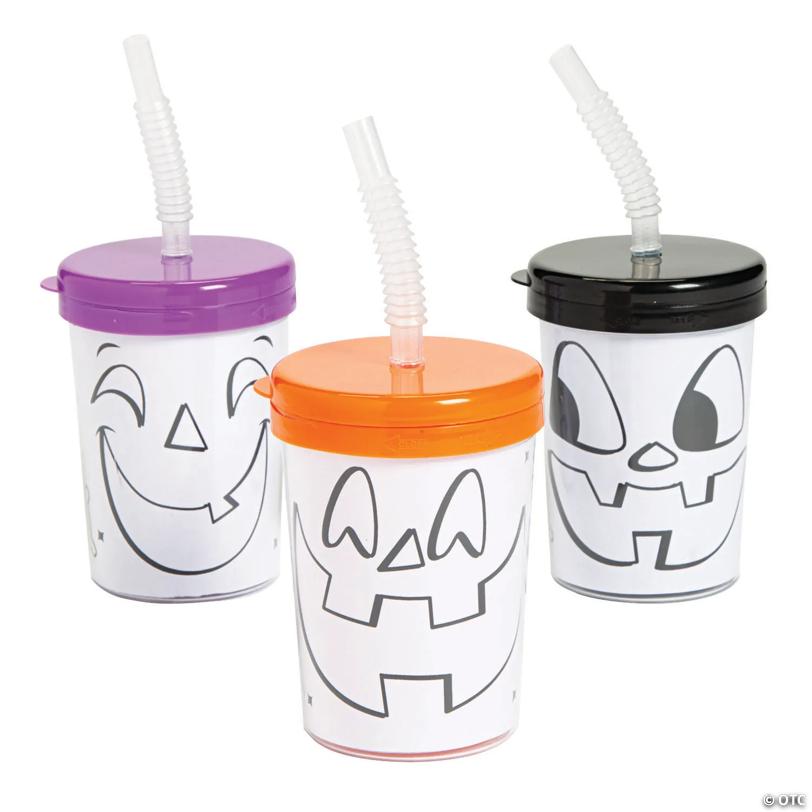 Color Your Own Halloween Jack-O’-Lantern BPA-Free Plastic Cups with Lids & Straws - 12 Ct.