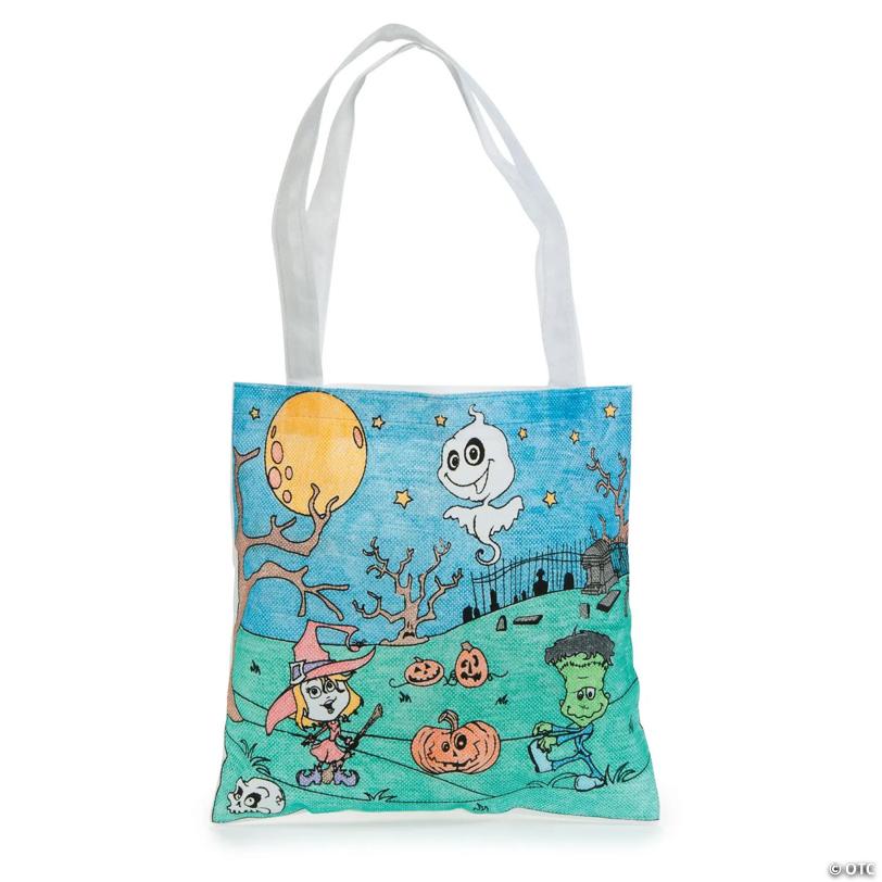 Color Your Own Medium Goofy Goblins Halloween Tote Bags - 12 Pc.