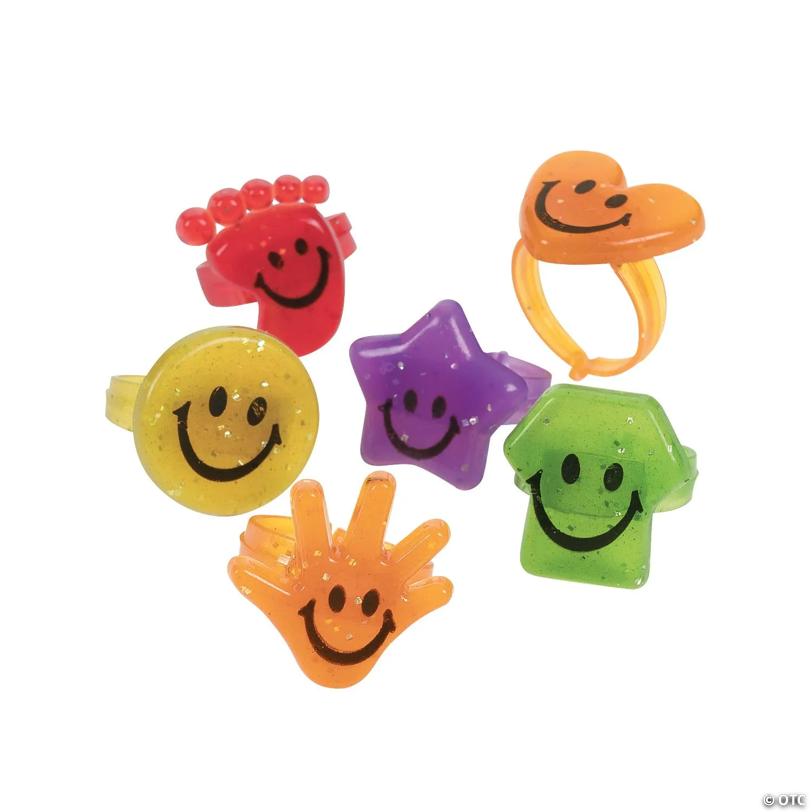Colorful Glitter Smile Face Plastic Rings - 48 Pc. for Parties