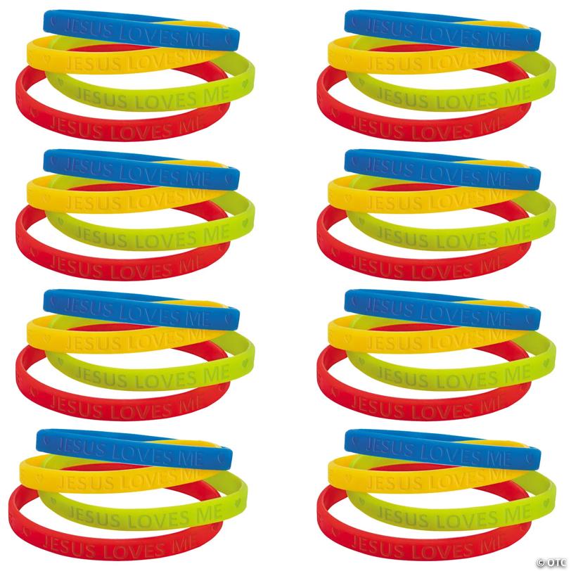 Colorful Jesus Loves Me Thin Band Rubber Bracelets - 96 Pc.