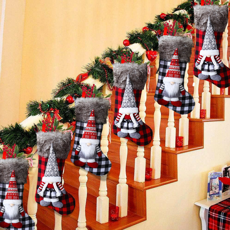 Cozy Buffalo Plaid Gnome Stockings for Christmas - Set of 6 Large 19-Inch Fireplace Stockings with Plush Cuff, Holiday Mantel Decor & Gift Bags