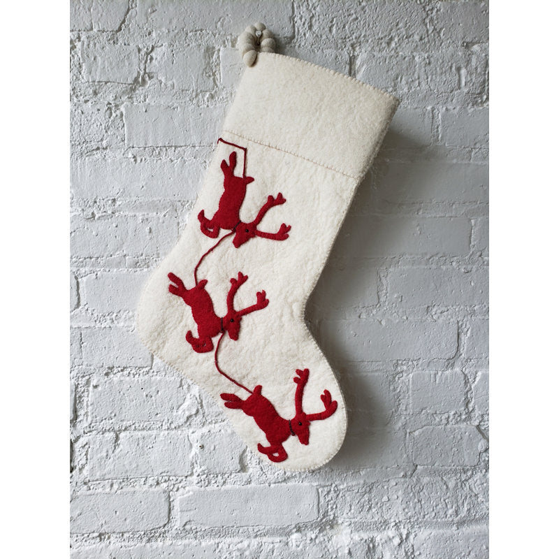 Cream Reindeer on Red Christmas Stocking
