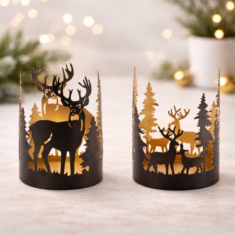 Cut Metal Deer and Forest Candle Holder