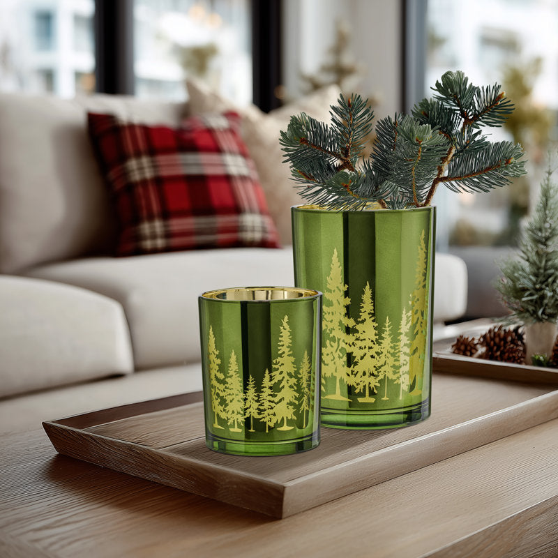 Emerald Woodland Glass Hurricane Candle Holder – 5" Tall For Pillar Candles