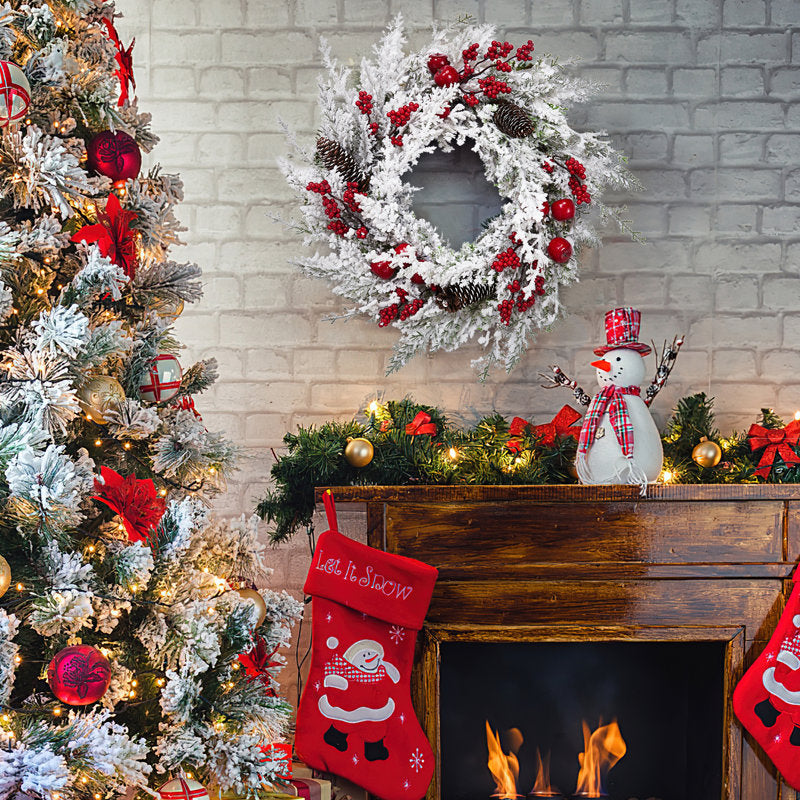 Farmhouse Artificial Christmas Wreath hung on a wooden door