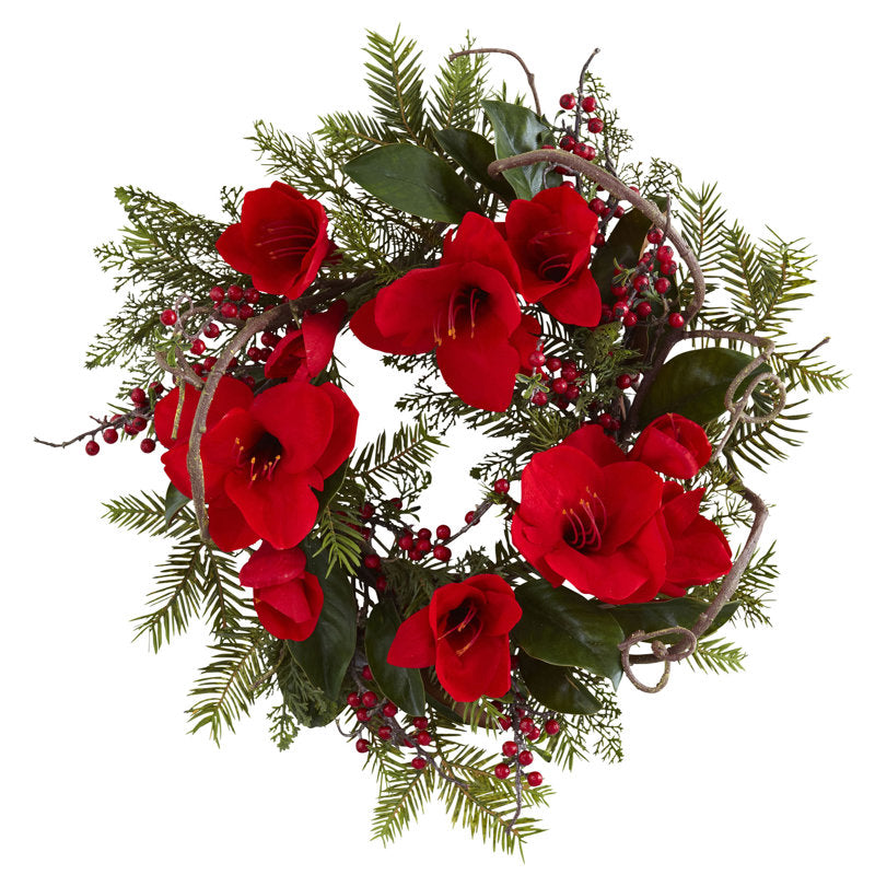 15" Artificial Pine Christmas Wreath hanging on a front door