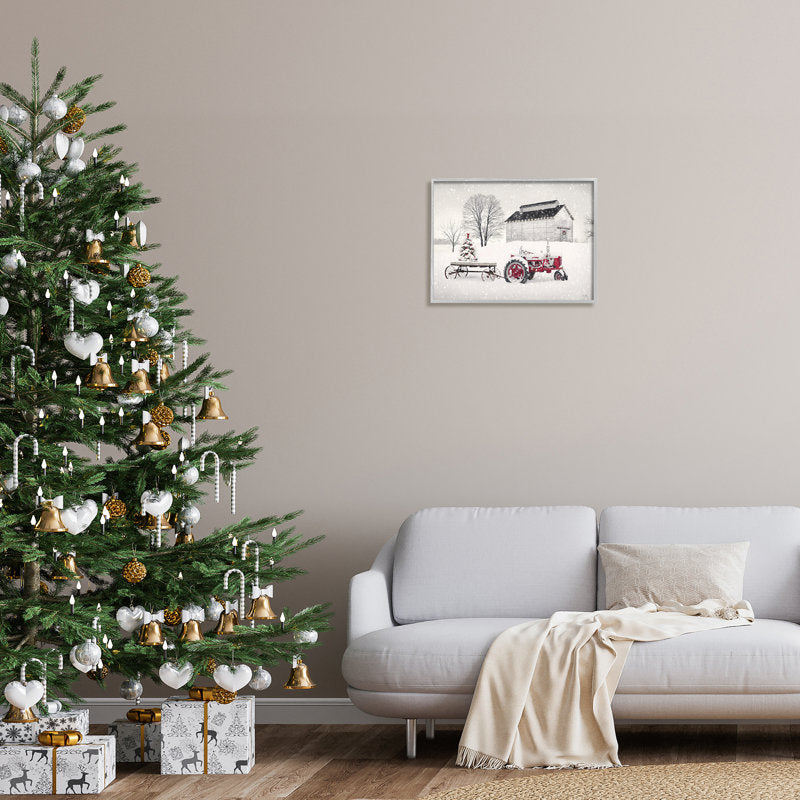 Festive Red Christmas Tractor Niveous Countryside Flurries Gray Farmhouse Rustic Oversized Framed Giclee Texturized Art by Lori Deiter