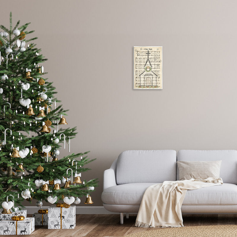 Festive Winter Church Holy Night Musical Script Gray Farmhouse Rustic Oversized Framed Giclee Texturized Art By Andi Metz