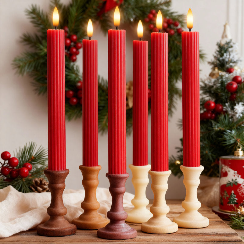 Fluted Ribbed Grooved LED Flameless Taper Candles, Remote, On/Off Button, Battery Operated, 12 Pack