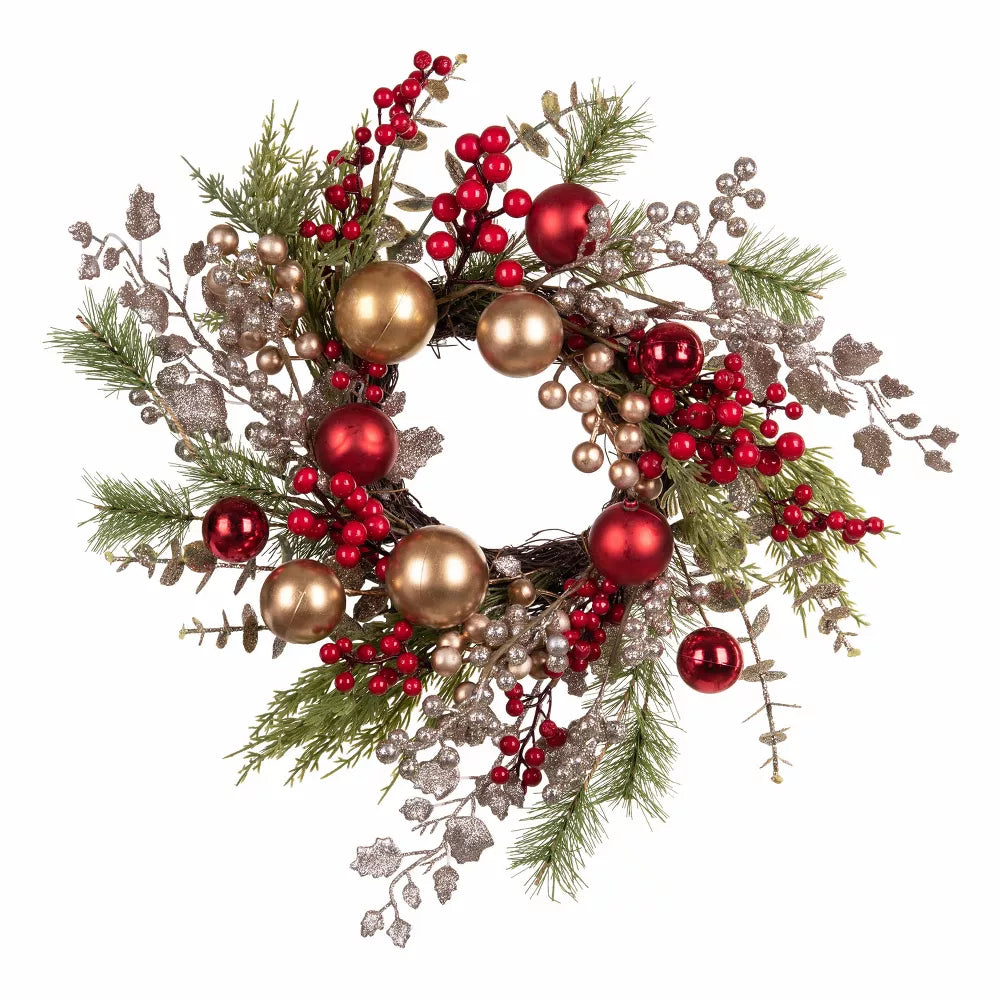 Glittered Leaf, Pine, Berry, and Ball Artificial Christmas Wreath
