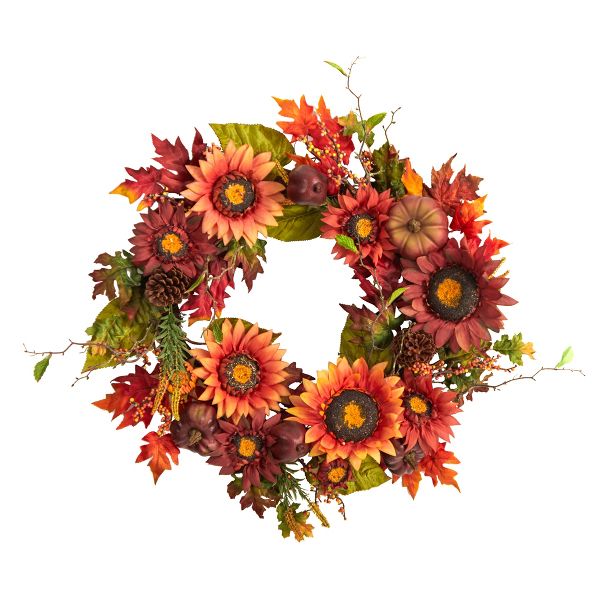 24" Autumn Wreath with Sunflowers, Pumpkins & Pinecones