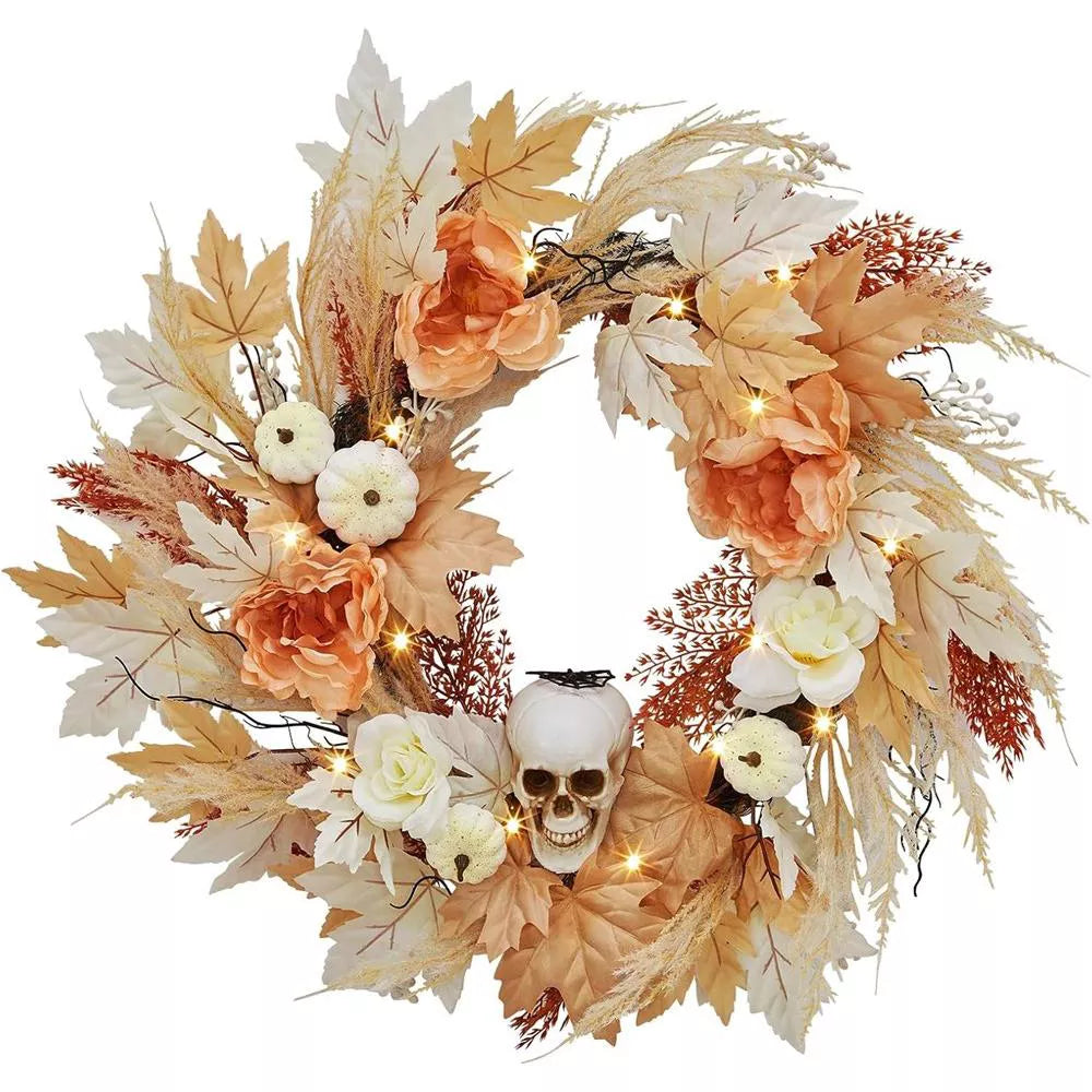 22 Inch Halloween Wreath with Lights – Skull, White Pumpkins & Roses Fall Maple Leaves Wreath for Front Door Decoration