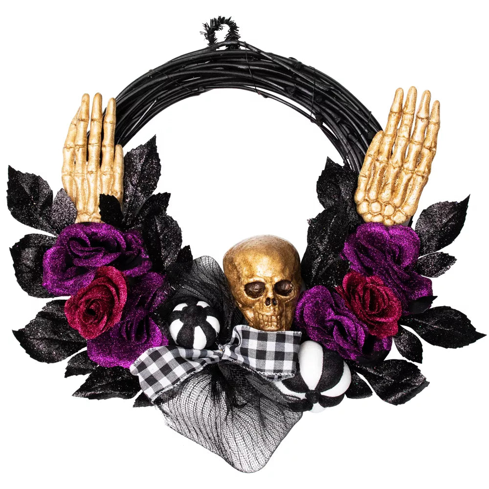 22 Inch Skeleton with Glittered Roses Artificial Halloween Twig Wreath Unlit