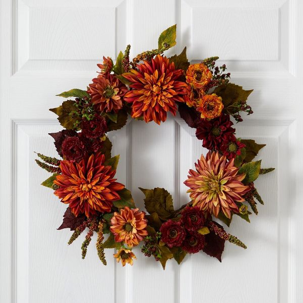 22" Fall Wreath with Mums and Dahlias for Autumn Decor