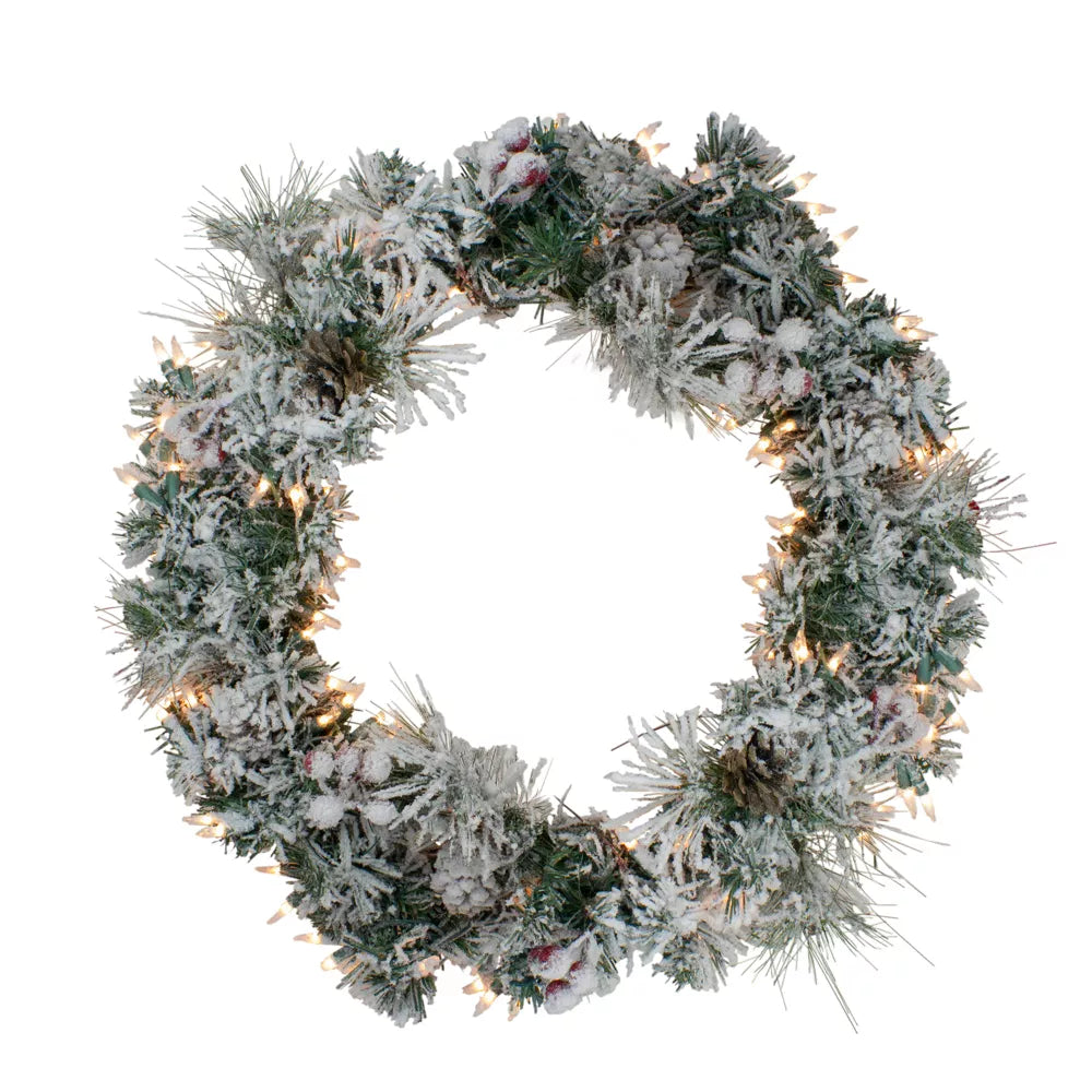 24 Inch Pre-Lit Heavily Flocked Pine Artificial Christmas Wreath Clear Lights