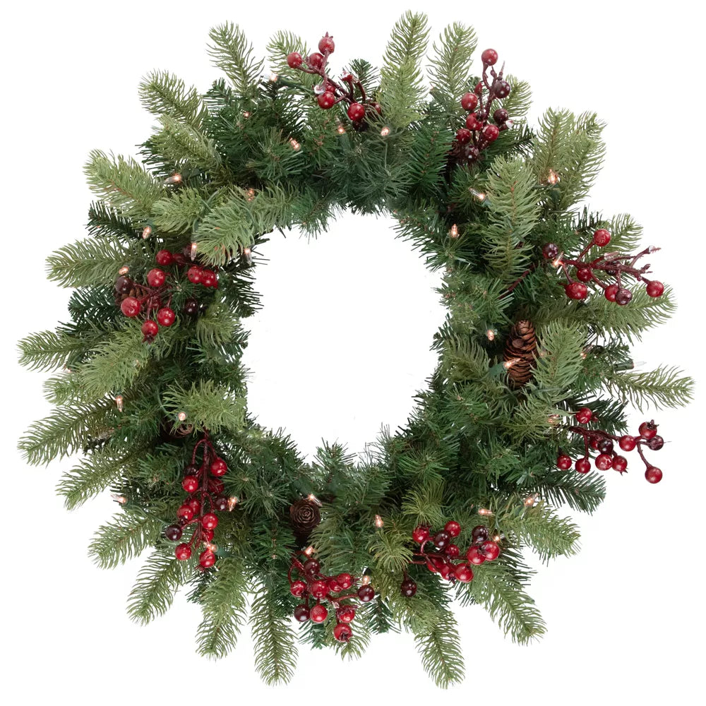 24 Inch Pre-Lit Real Touch Noble Fir with Berries Artificial Christmas Wreath Clear Lights