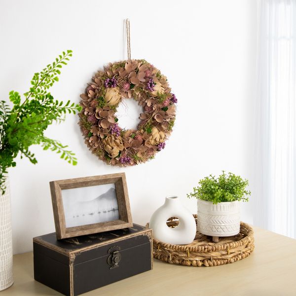 12-Inch Purple and Beige Wooden Floral Spring Wreath with Preserved Artichoke – Artificial Spring Décor