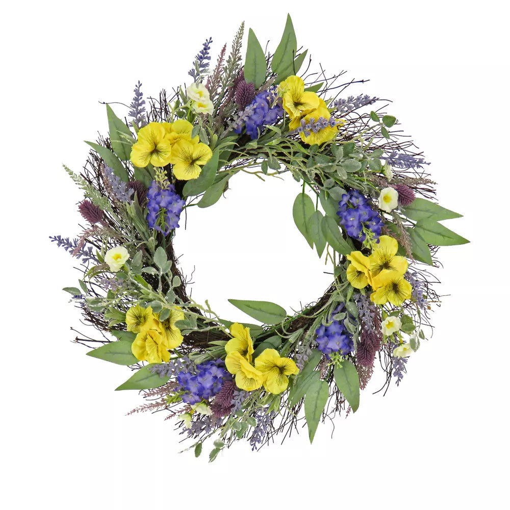 22 Inch Artificial Pansy and Lavender Wreath - Woven Branch Base