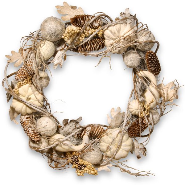 20” White Autumn Wreath with Gourds, Pinecones & Berries