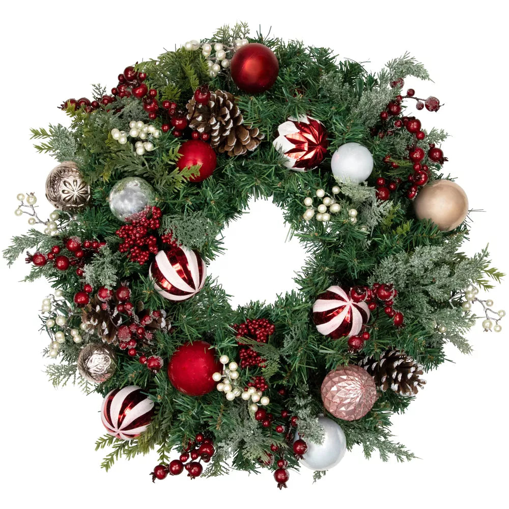 28-Inch Artificial Pine Christmas Wreath with Ornaments and Pinecones – Unlit