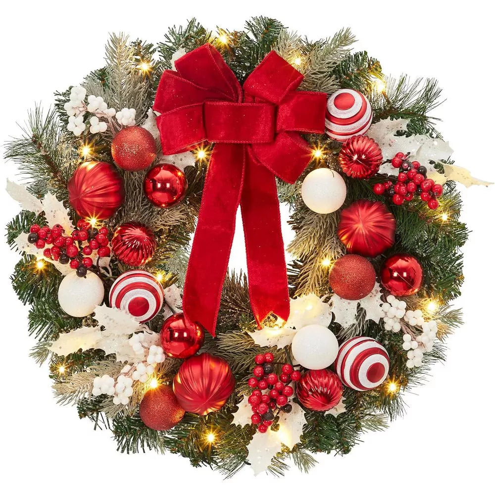 24" Pre-Lit Christmas Wreath with Lights & Ball Ornaments – Red and White Front Door Holiday Décor