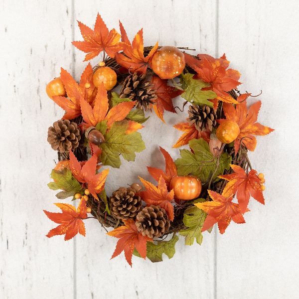 12 Inch Maple Leaves with Pine Cones and Pumpkins Fall Harvest Artificial Wreath – Autumn Décor