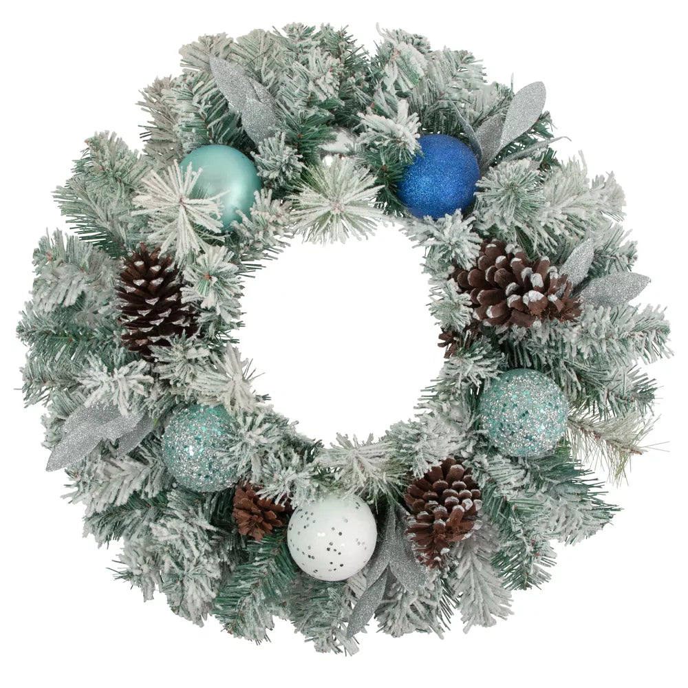 24 Inch Unlit Teal and Silver Ornaments Artificial Flocked Pine Christmas Wreath