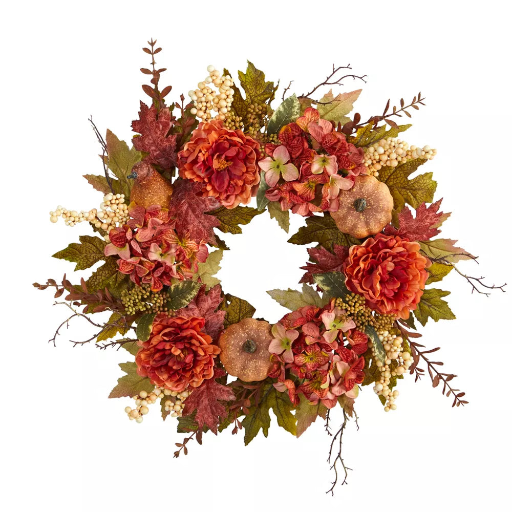 24 Inch Fall Artificial Wreath – Peony, Hydrangea & Pumpkin