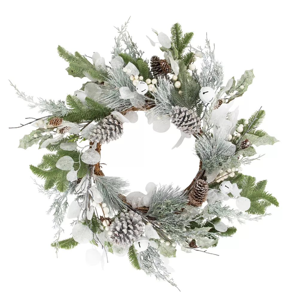 Artificial Mixed Foliage Christmas Wreath 28 Inch with Pine Cones Unlit