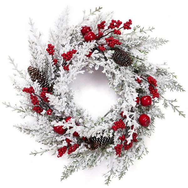 now Flocked Christmas Wreath with Red Berries Pinecones Front Door