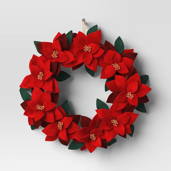 Fabric Poinsettia Christmas Wreath Elegant Red Floral Holiday Decoration