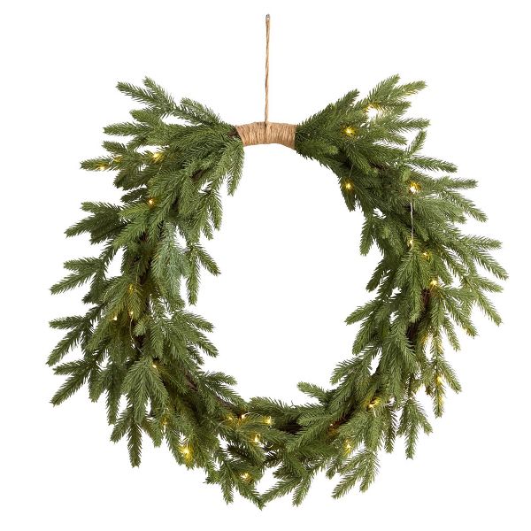 24" Pre-Lit Cascading Pine Wreath – LED Christmas Decor
