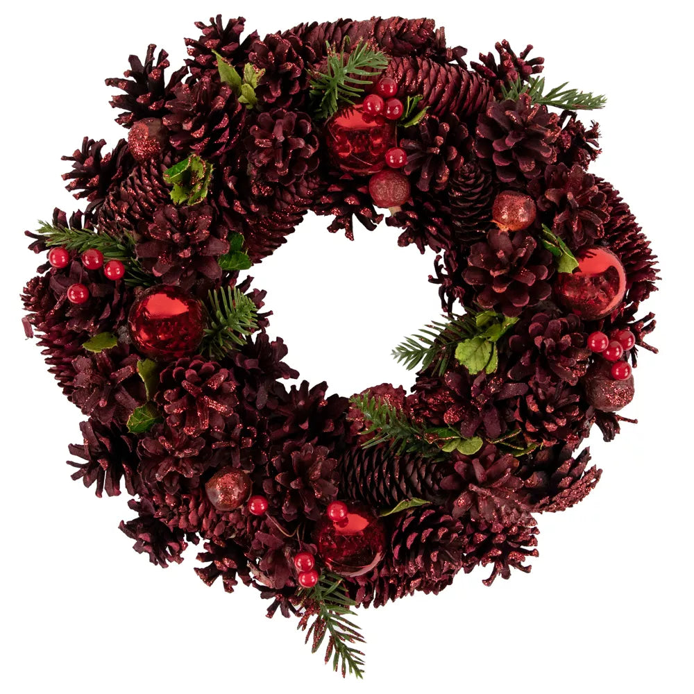 13.5 Inch Red Pinecone Berry and Ornament Christmas Wreath Unlit
