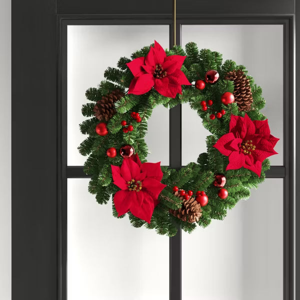 24" Decorated Pine and Poinsettia Flower Artificial Christmas Wreath