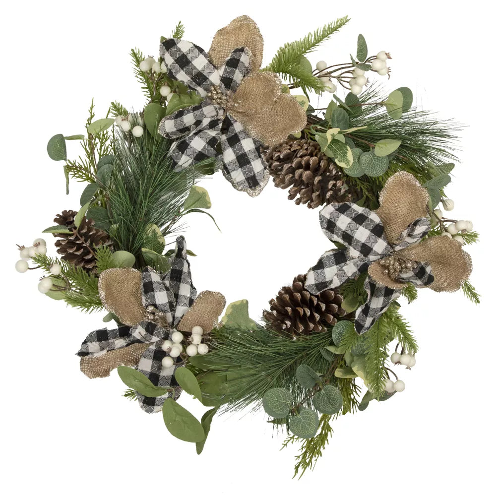 22 Inch Magnolia and Frosted Pine Cone Artificial Christmas Wreath – Unlit