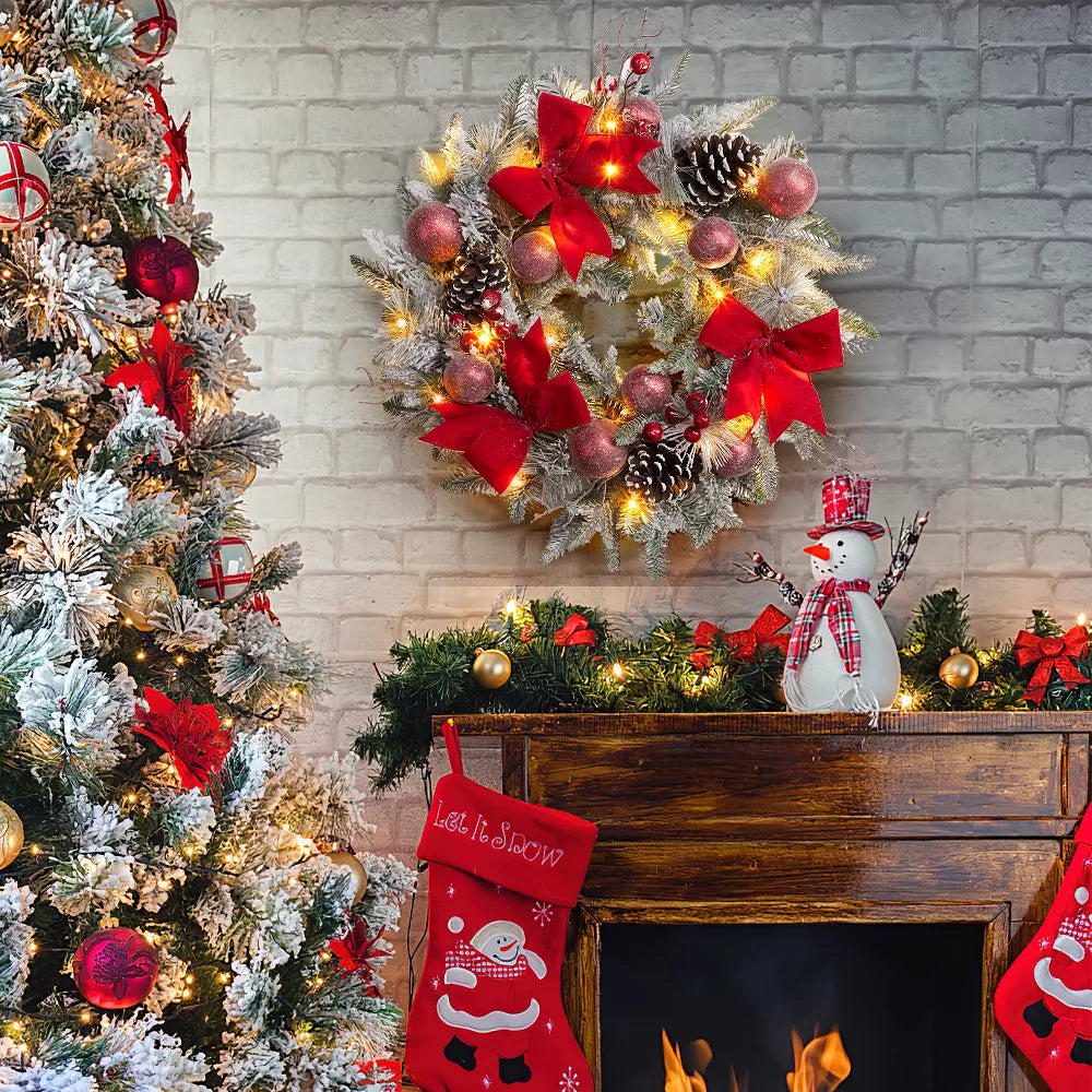 24 Inch Pre-Lit Christmas Wreath – 30 LED Lights, Front Door Artificial Xmas Wreath