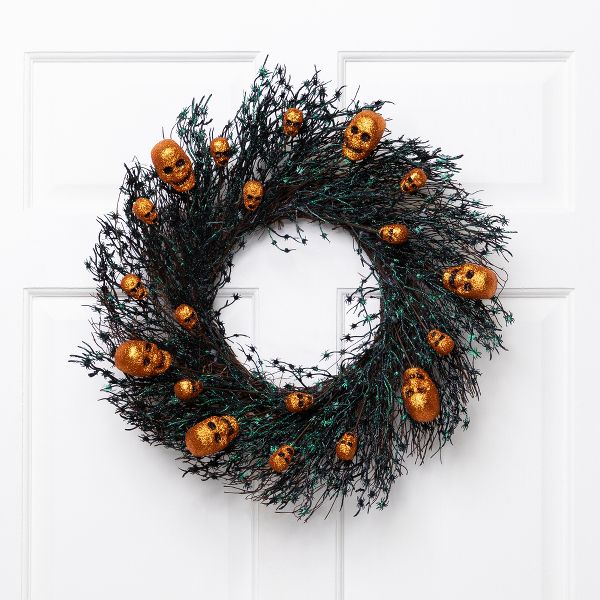 Northlight 22" Glittered Skulls and Spiders Halloween Twig Wreath – Unlit Spooky Decoration