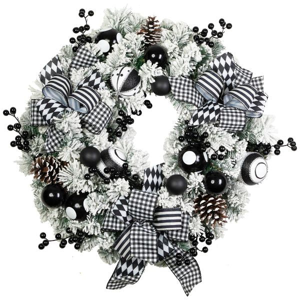 Northlight Flocked Pine with Harlequin Bows and Ornaments Christmas Wreath - 24" - Unlit