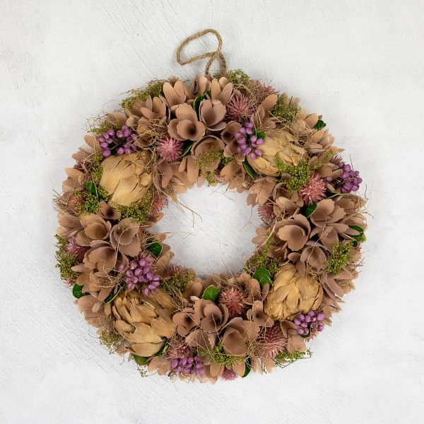 12" Wooden Floral Spring Wreath with Preserved Artichoke Purple and Beige Accent