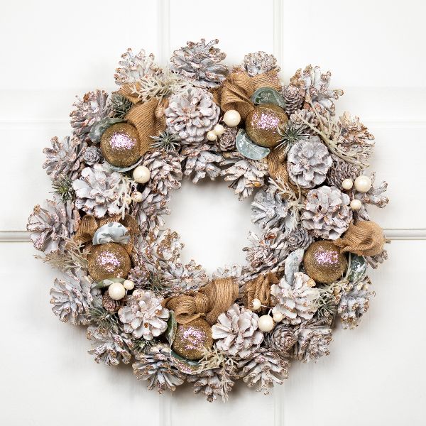 14" Glittered Pine Christmas Wreath with Burlap Bows Rustic Holiday Decor
