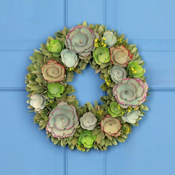 14" Artificial Spring Wreath with Wooden Base and Mini Flowers Rustic Seasonal Decor