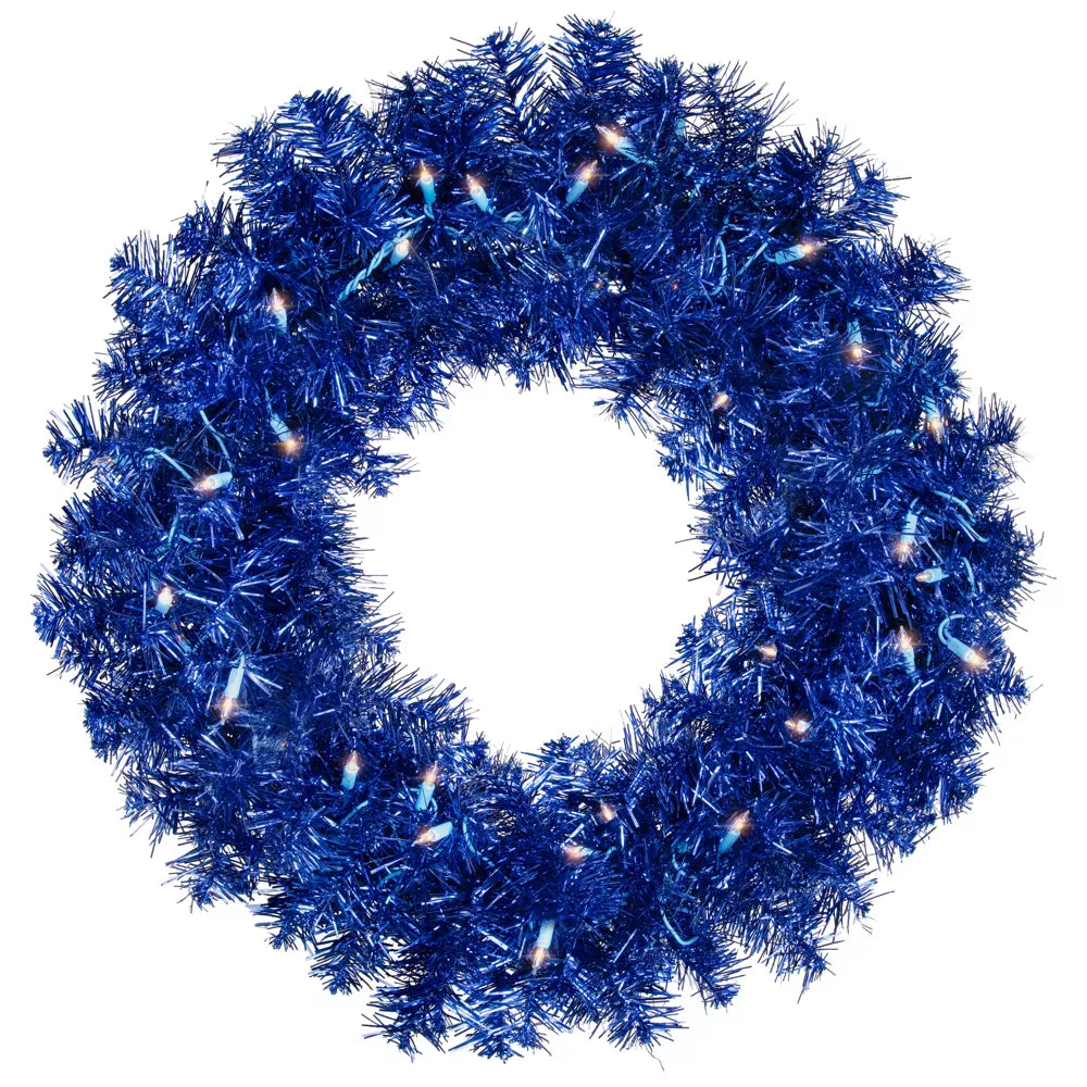 24 Inch Pre-Lit Artificial Tinsel Christmas Wreath Blue Clear Lights