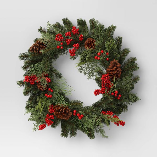 28" Artificial Christmas Wreath with Greenery Cedar Pinecones & Red Berries Indoor/Outdoor