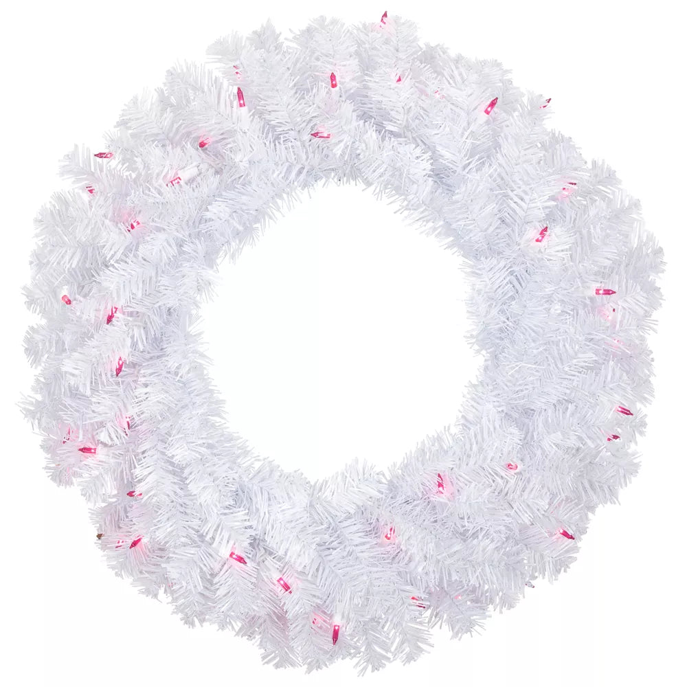 24 Inch Pre-Lit Woodbury White Pine Artificial Christmas Wreath with Pink Lights