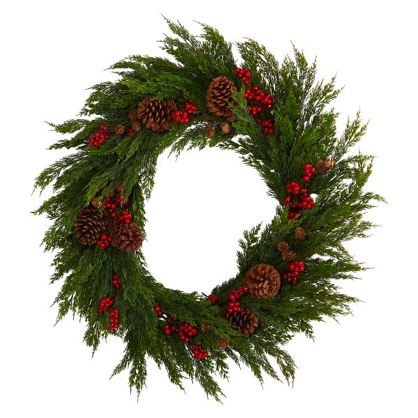 32" Cypress Wreath with Berries & Pine Cones – Holiday Decor