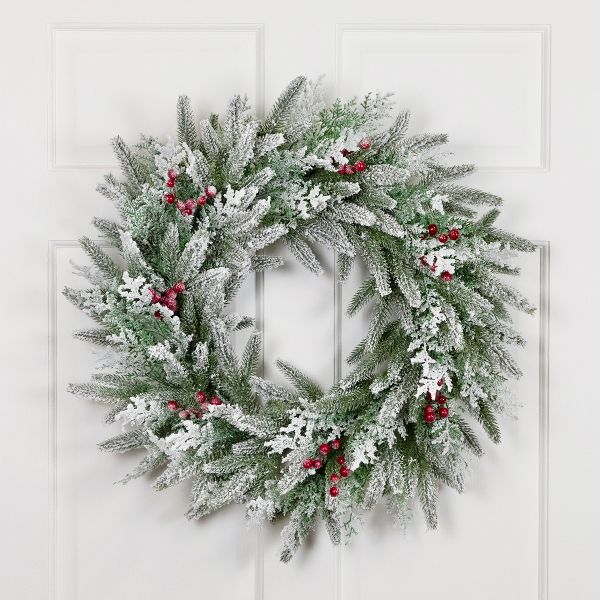 Flocked Wind River Fir Artificial Christmas Wreath with Berries 24 Inch
