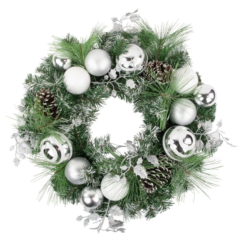 24 Inch Green Pine Needle Wreath with Pinecones and Christmas Ornaments Unlit