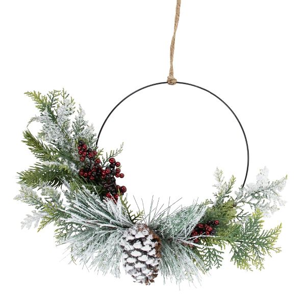 16" Frosted Christmas Wreath with Berries and Pinecones Unlit Holiday Decor