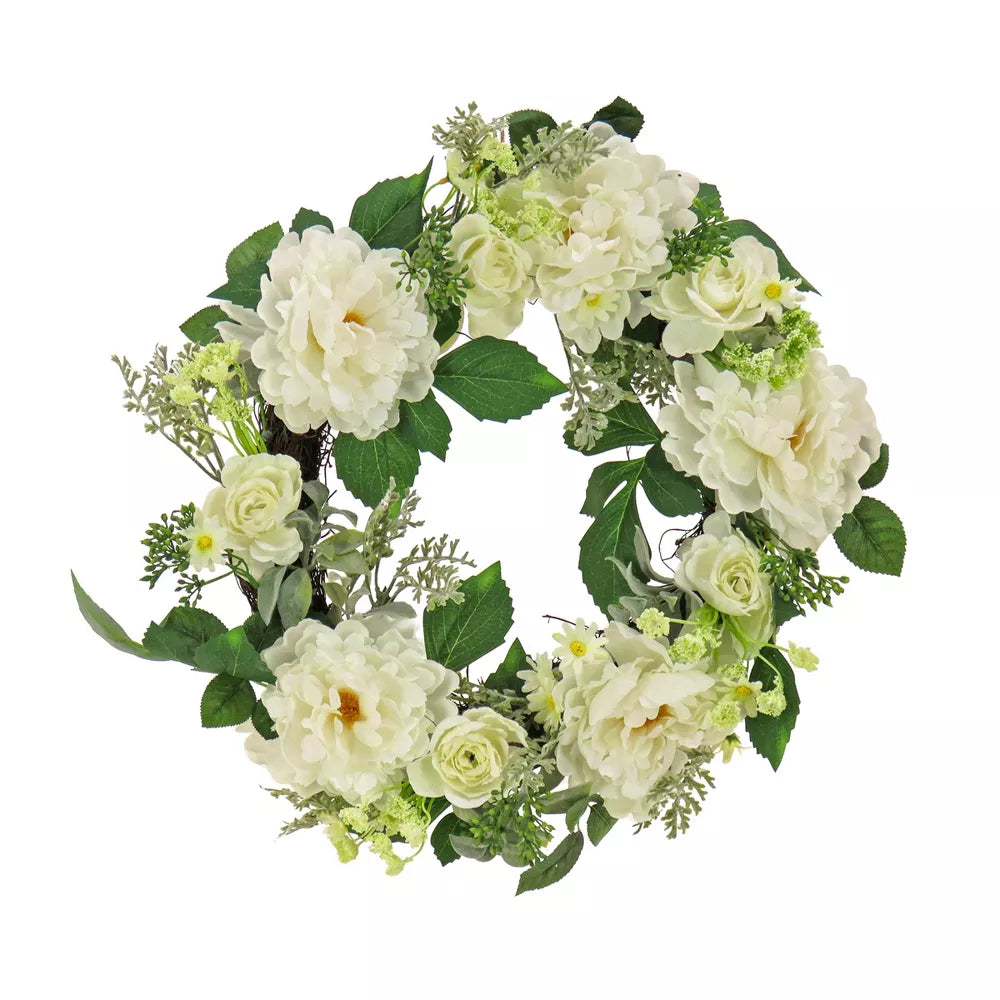 Artificial Daisies Peonies Buttercups Spring Wreath 22 Inch Seasonal Floral Decoration