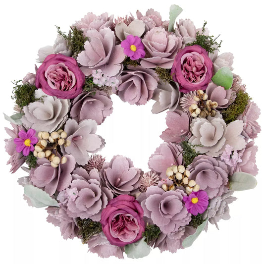 Wooden Floral Spring Wreath with Dried Foliage 13.5 Inch Purple
